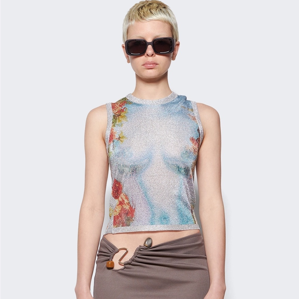 Jean Paul Gaultier FLOWERS PRINTED BODY TANK TOP BLUE & SILVER